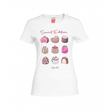 T-shirt con scritta in strass bianco