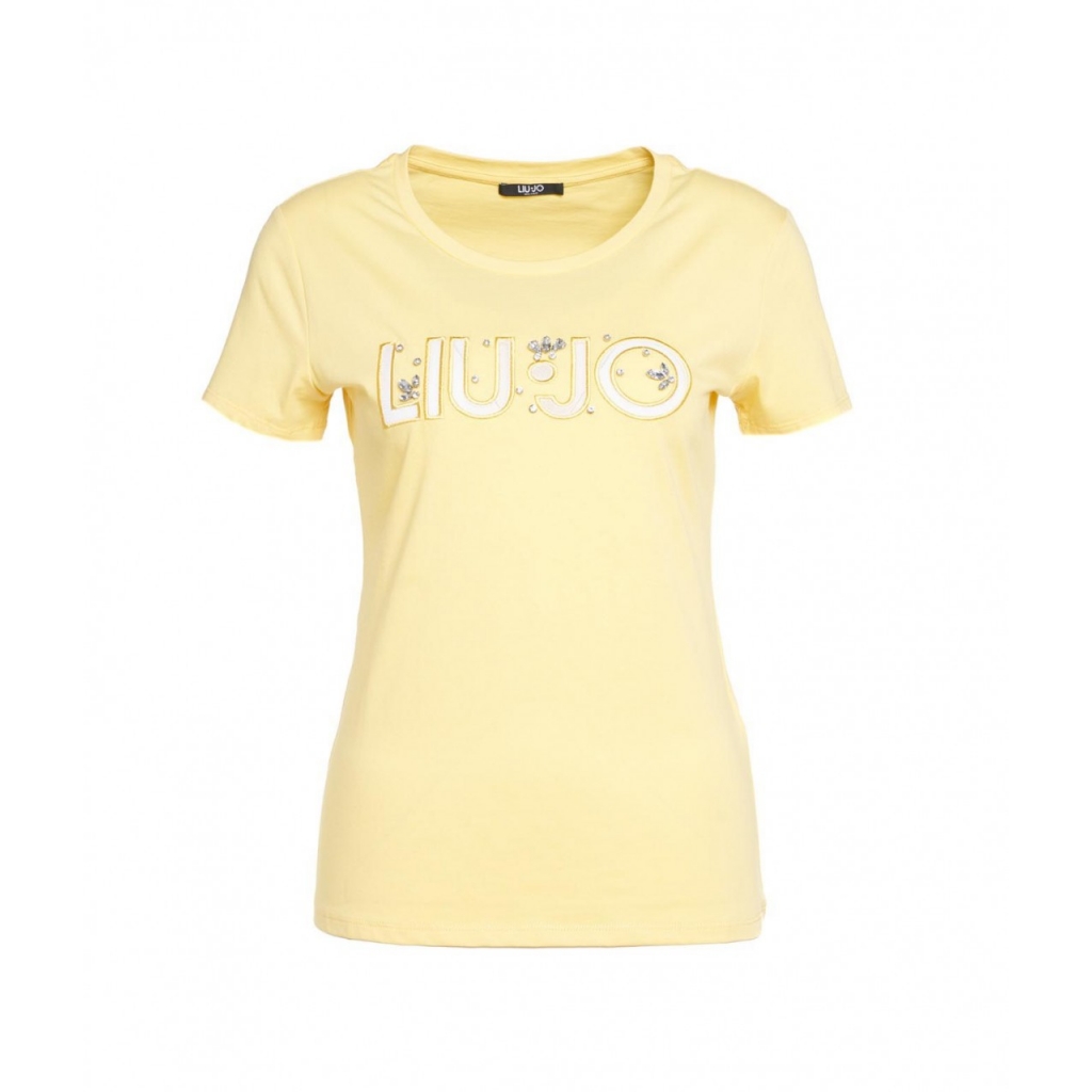 T-shirt con ricamo del logo e strass giallo