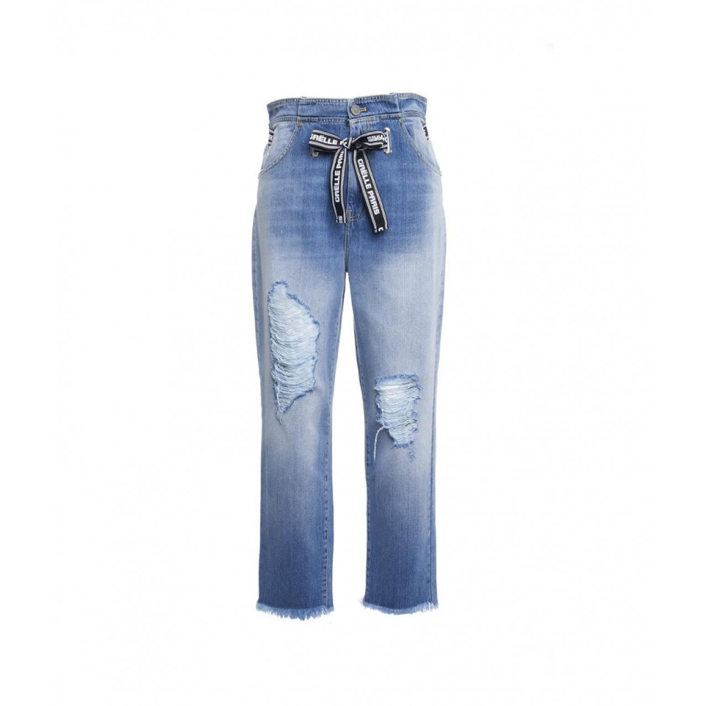 Mom jeans con cintura logo blu