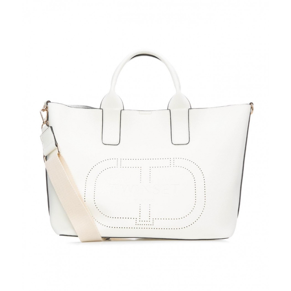 Borsa shopper con logo traforato bianco