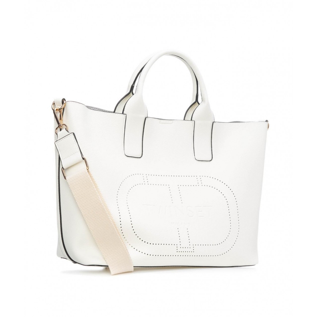 Borsa shopper con logo traforato bianco