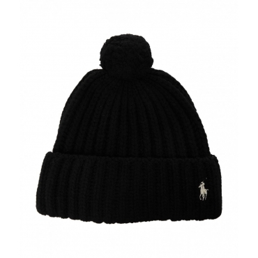 Beanie in maglia con pompon nero