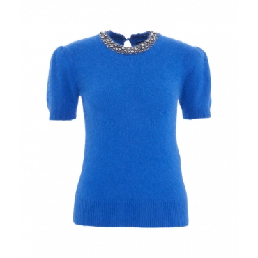 Top in maglia con ricamo di strass blu