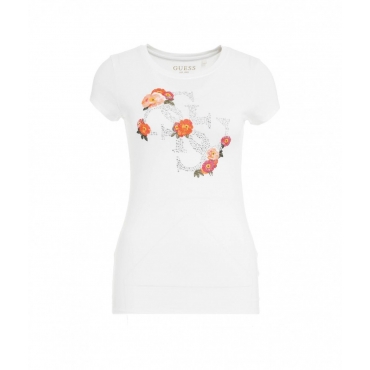 T-shirt con logo in strass bianco