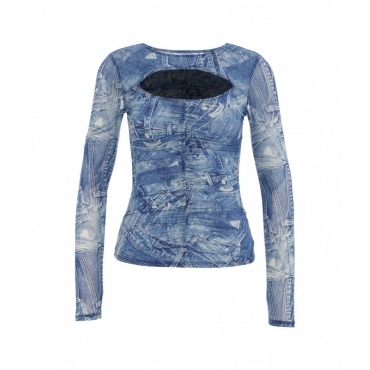 Top in tulle con stampa denim blu
