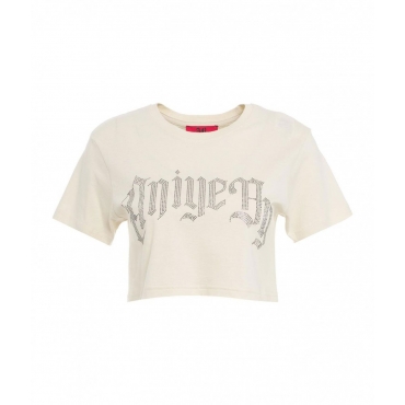 T-shirt cropped con logo in strass crema