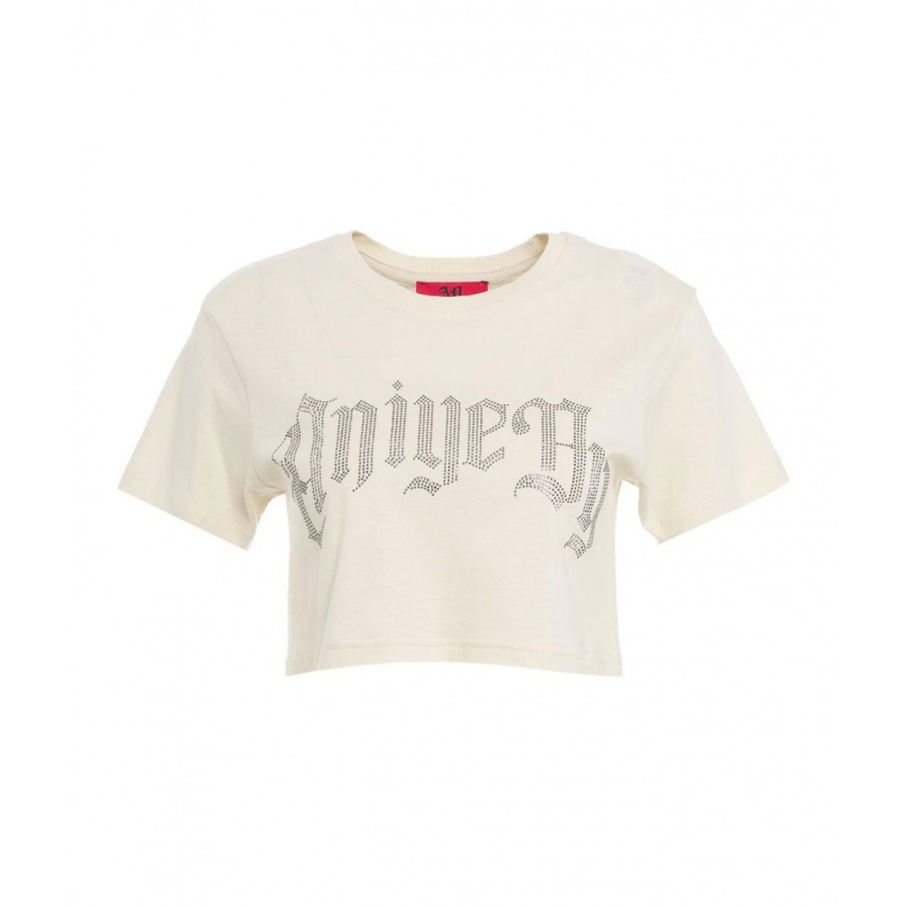 T-shirt cropped con logo in strass crema