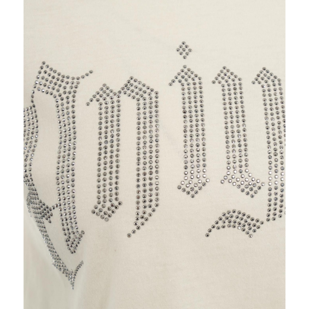 T-shirt cropped con logo in strass crema