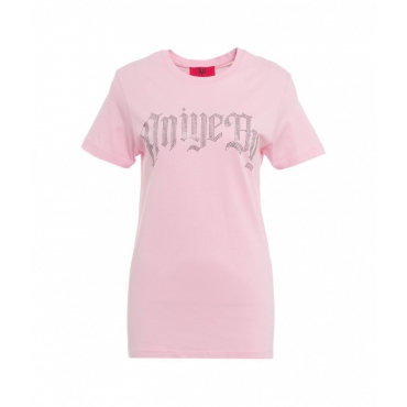 T-shirt con logo in strass rosa chiaro