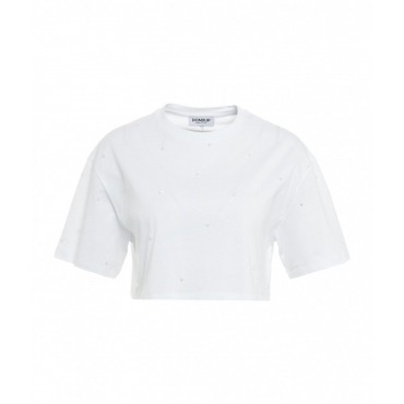 T-shirt cropped con applicazione di strass bianco