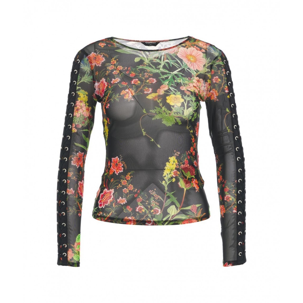 Top in tulle con stampa floreale nero
