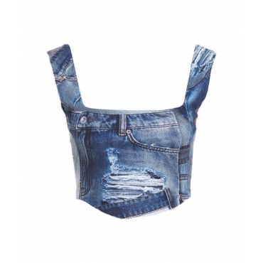 Top con stampa denim blu