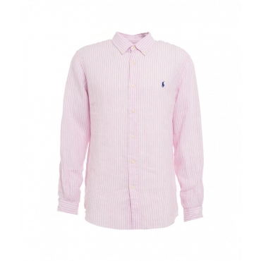 Camicia in lino con ricamo del logo pink