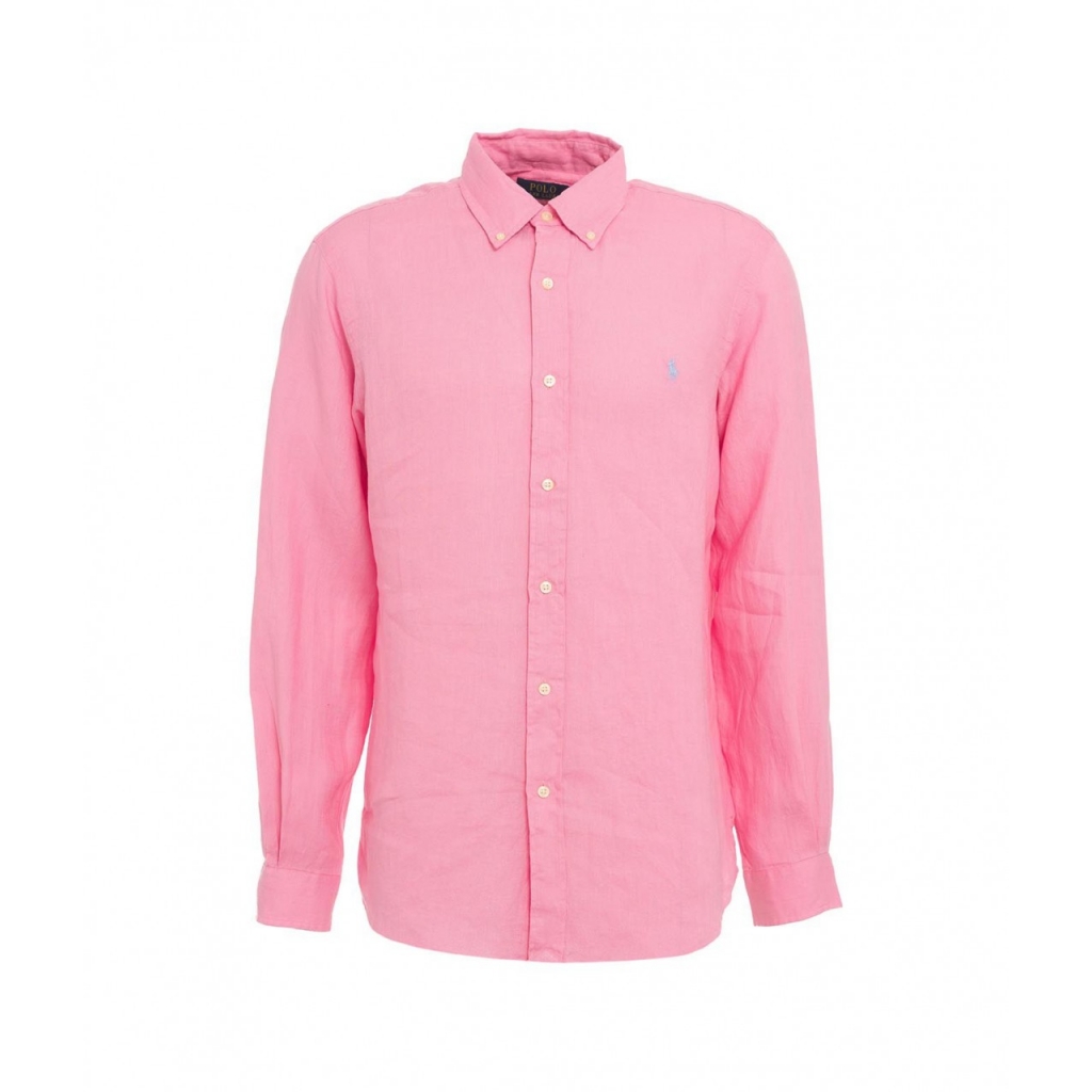 Camicia in lino con ricamo del logo pink