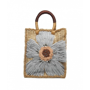 Borsa in rafia con dettaglio floreale beige