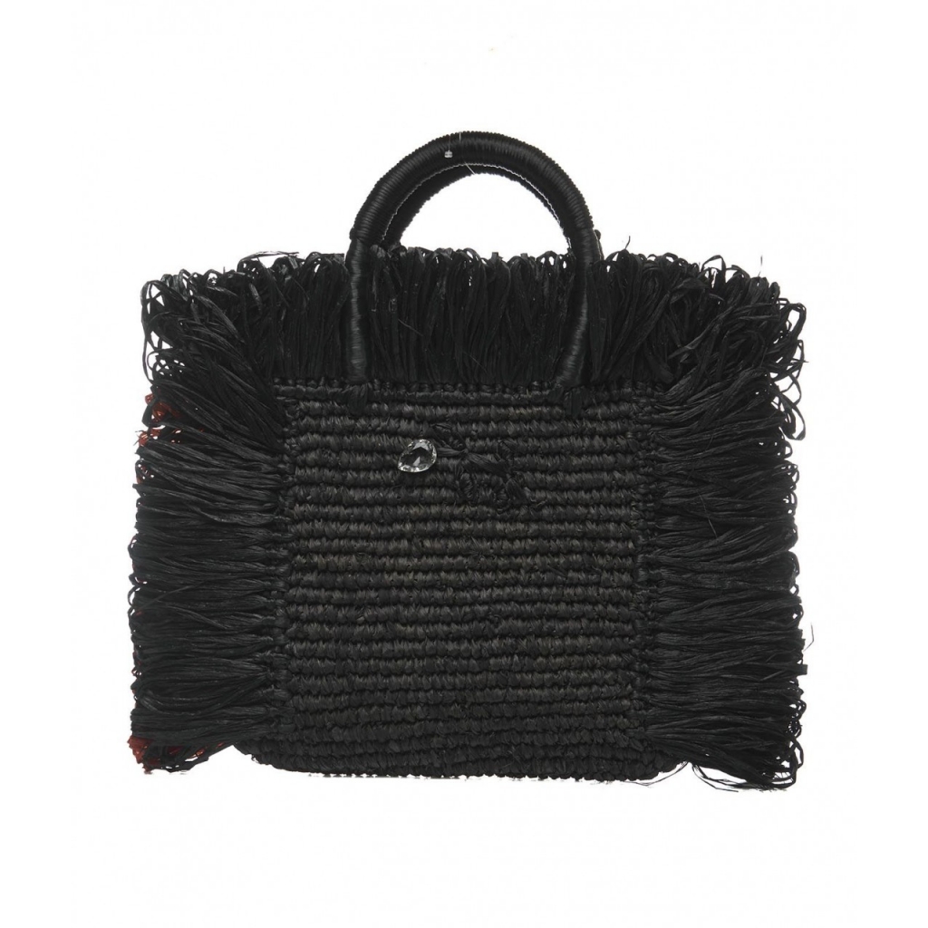 Borsa in rafia con frange nero