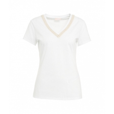 T-shirt con ricamo di perline bianco