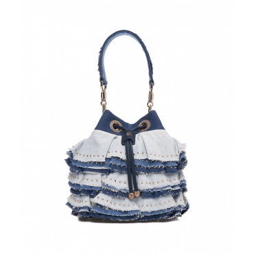 Borsa a secchiello con volant in denim blu