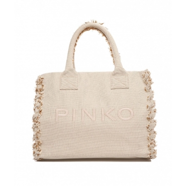 Shopper in canvas con logo ricamato beige