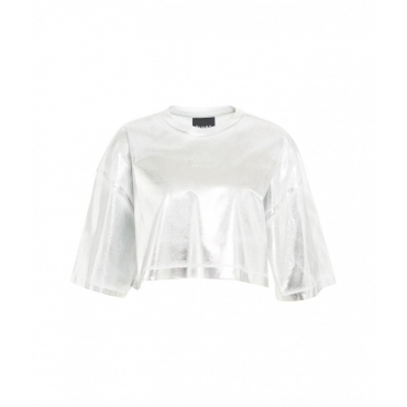 T-shirt cropped in look metallizzato argento
