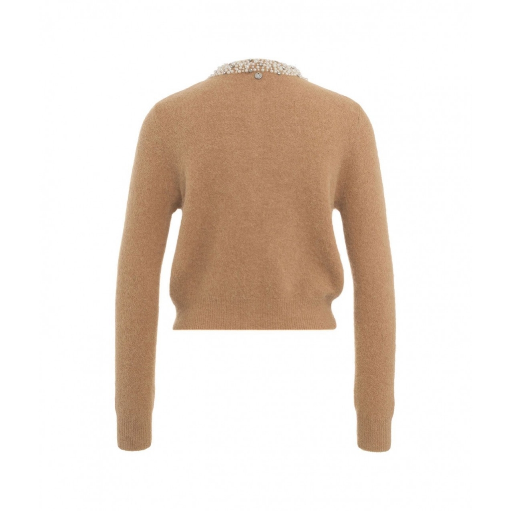 Cardigan con collo in perline beige