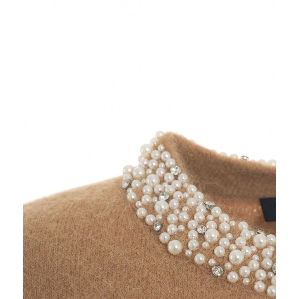 Cardigan con collo in perline beige