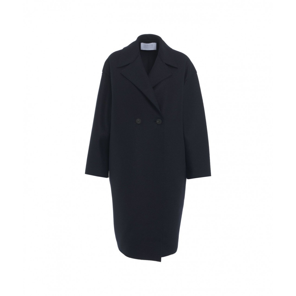 Cappotto con spalle a goccia in lana pressata blu scuro