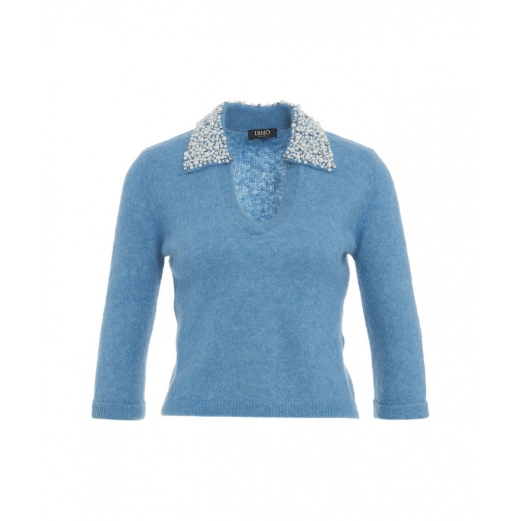 Maglione con colletto in perline azzurro