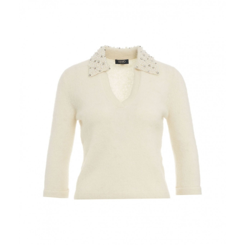 Maglione con colletto in perline bianco