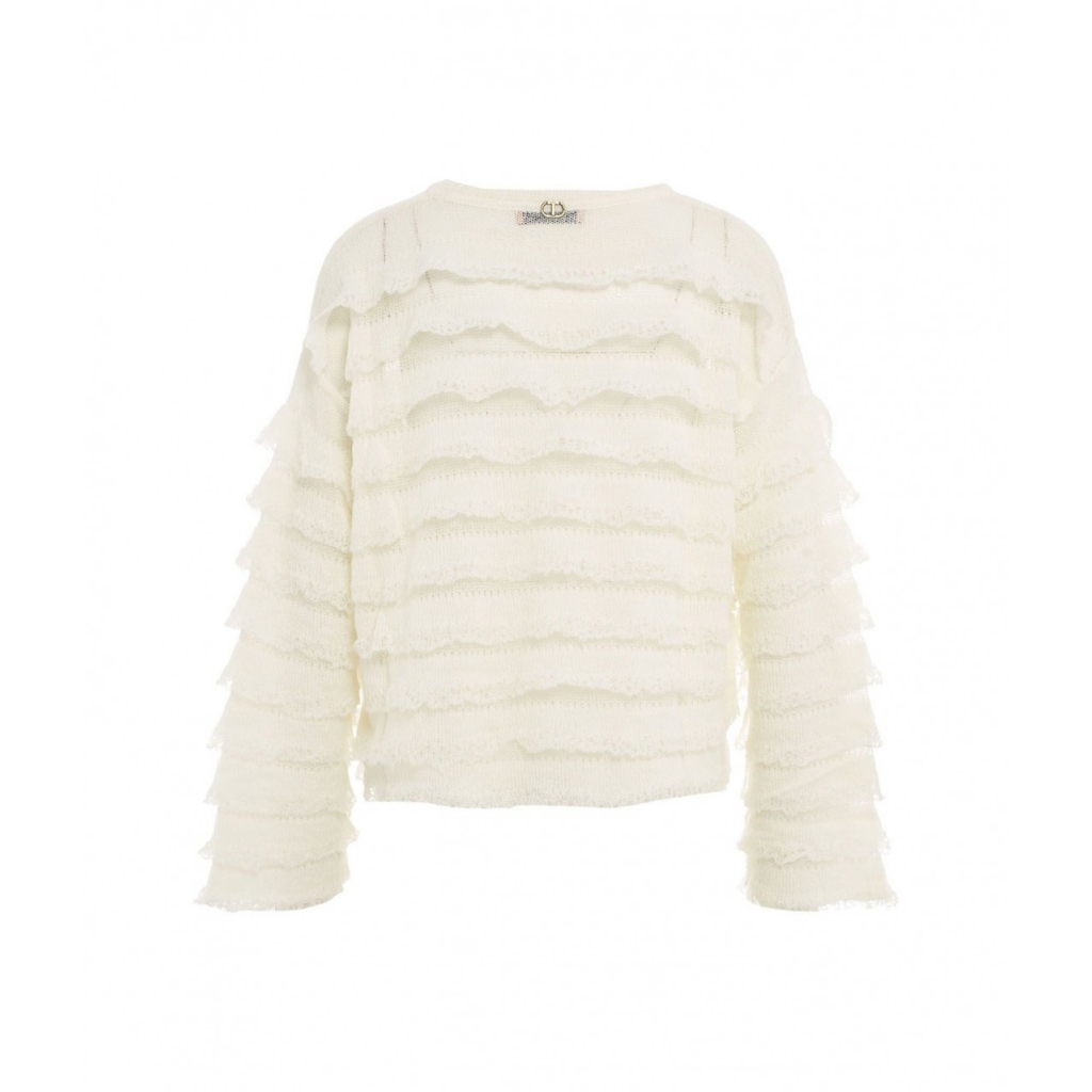 Maglia a scatola con volant in pizzo bianco