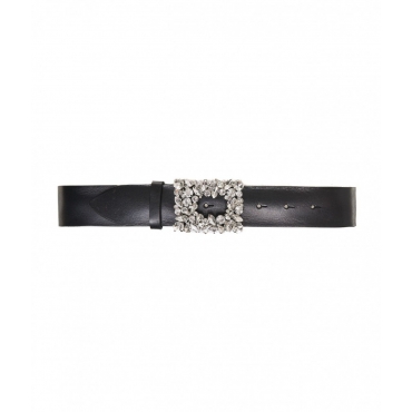 Cintura in pelle con fibbia in strass nero