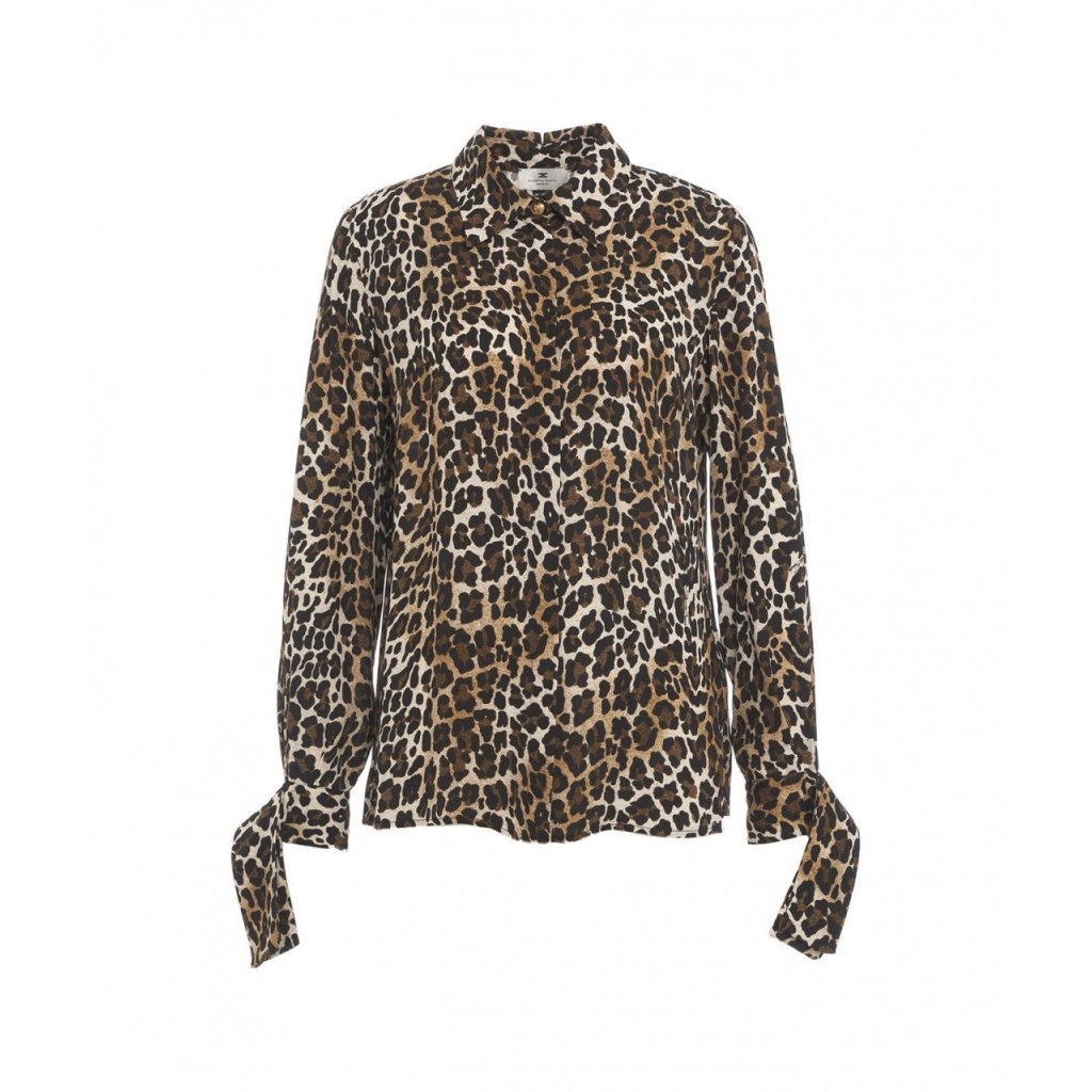 Camicia in georgette animalier con polsi a nastro marrone