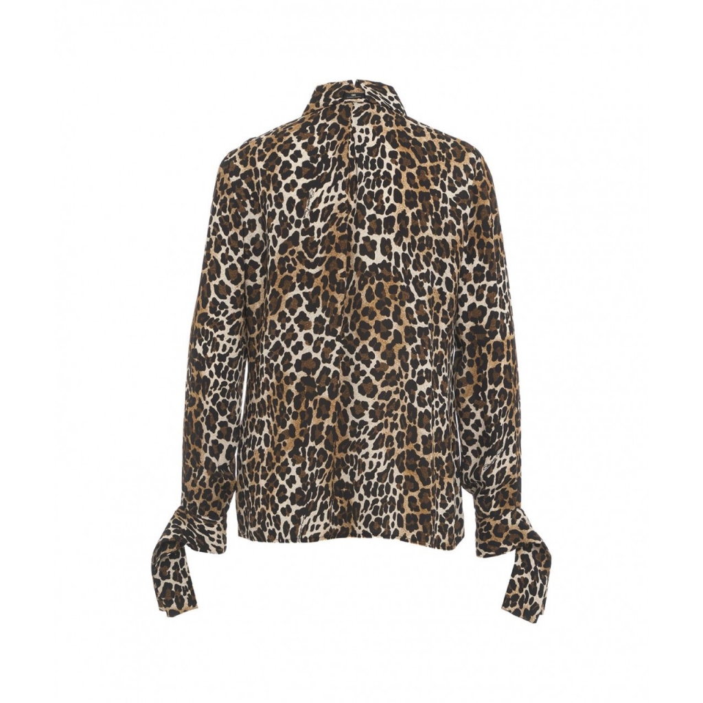 Camicia in georgette animalier con polsi a nastro marrone