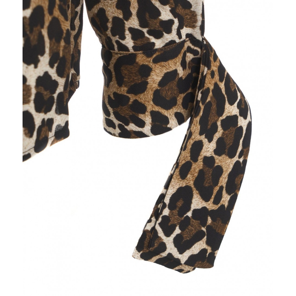 Camicia in georgette animalier con polsi a nastro marrone