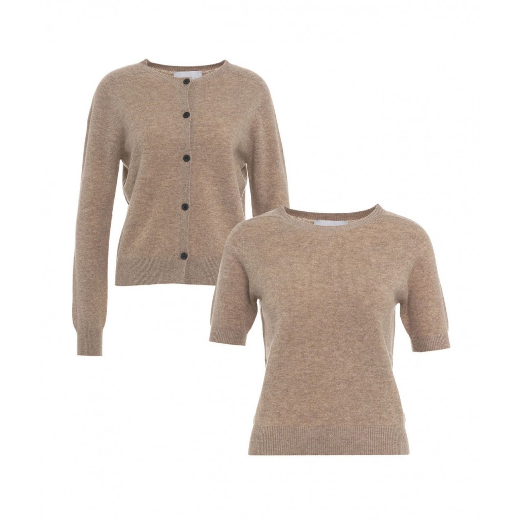 Set Cardigan e t-shirt in lana tortora