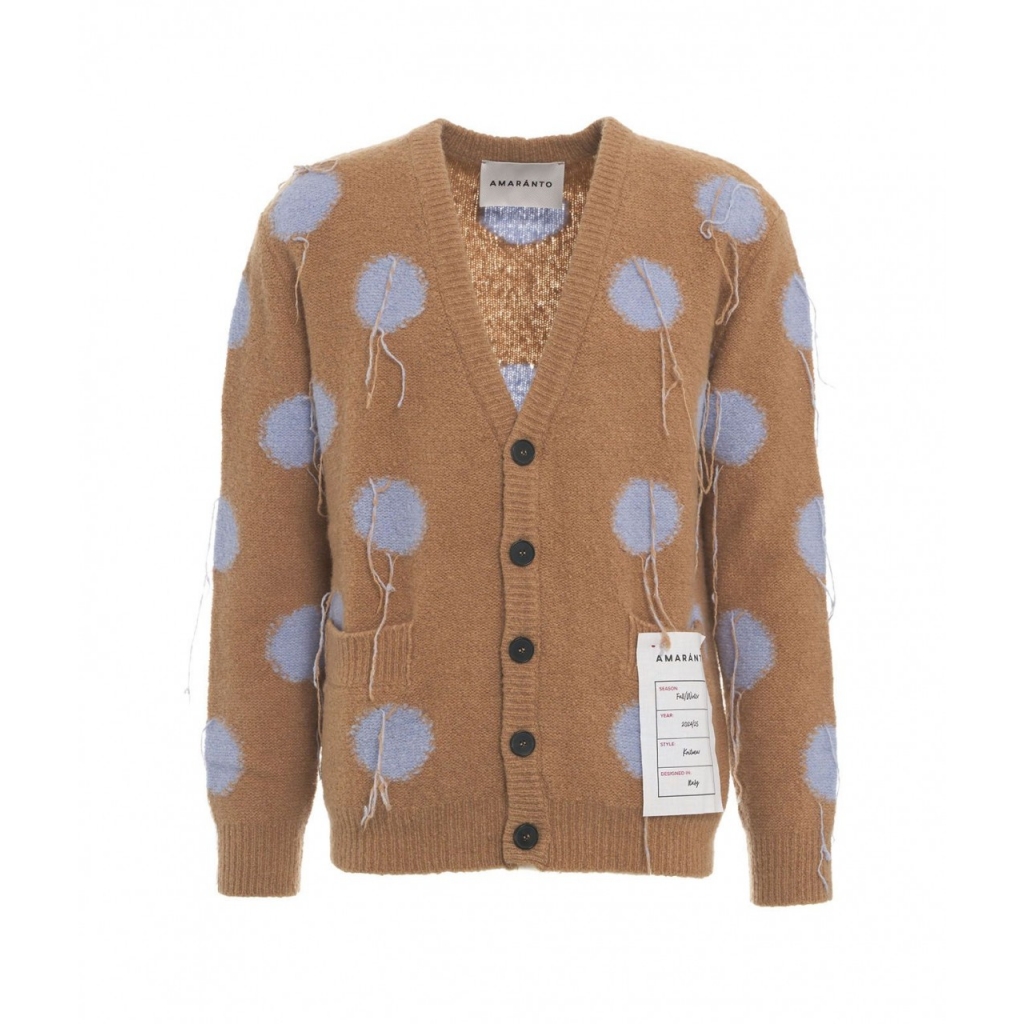 Cardigan in maglia con pois e frange marrone chiaro
