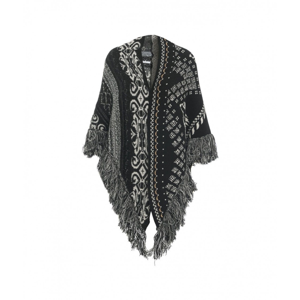Mantella con frange in jacquard nero