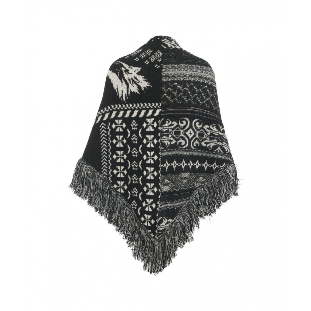 Mantella con frange in jacquard nero
