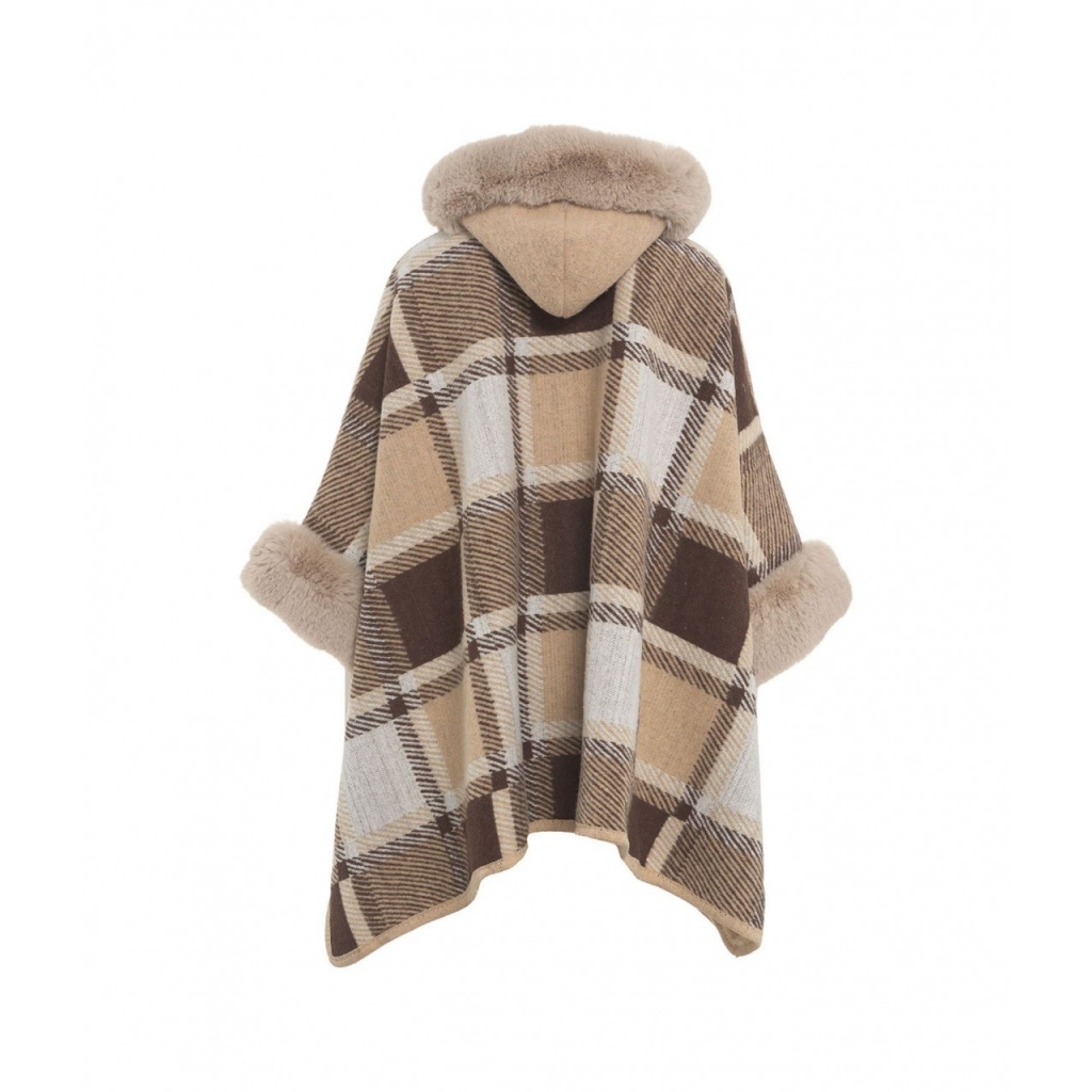 Poncho check con pelliccia sintetica marrone chiaro