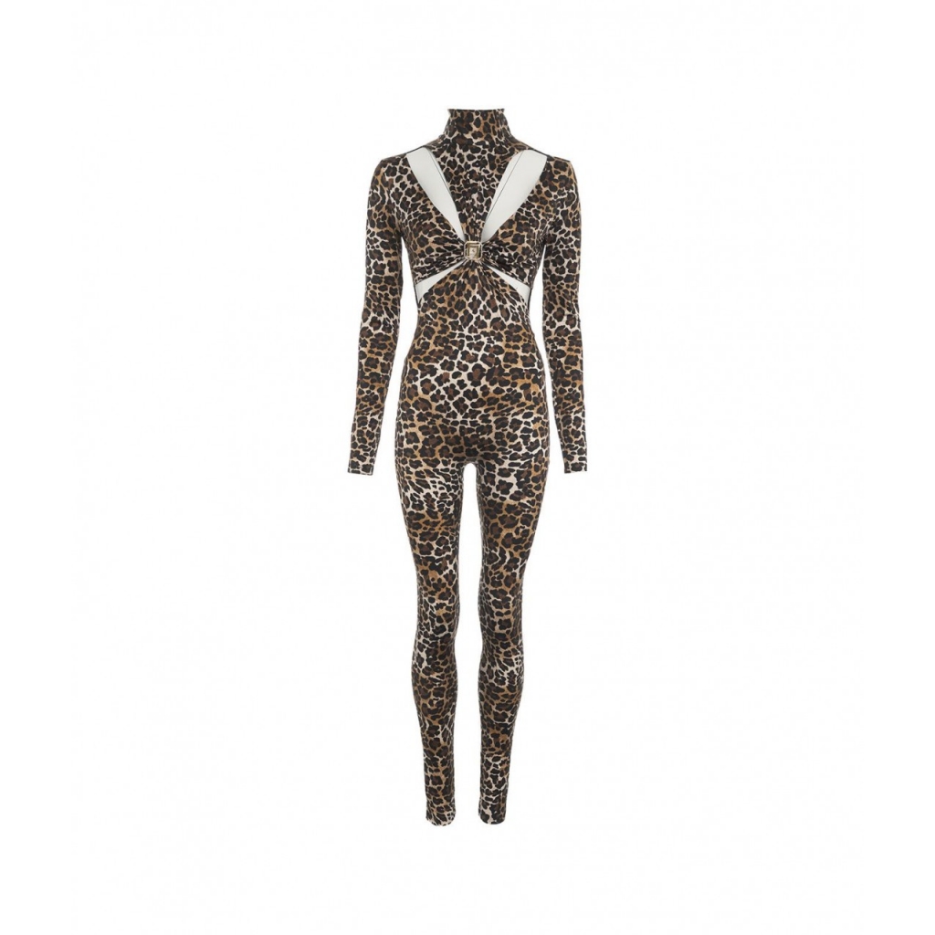 Tuta con stampa animalier e cut-out marrone
