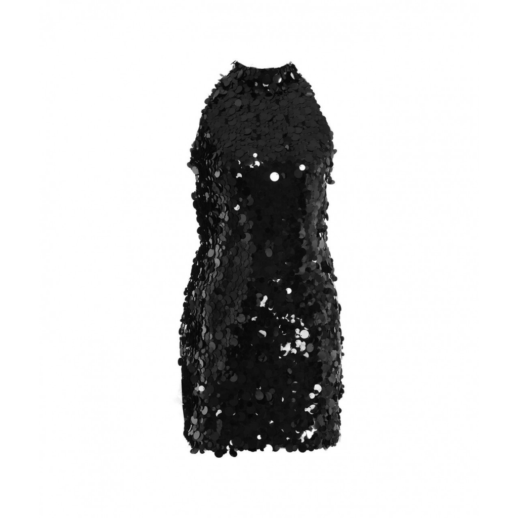 Abito con collo alto e paillettes argento
