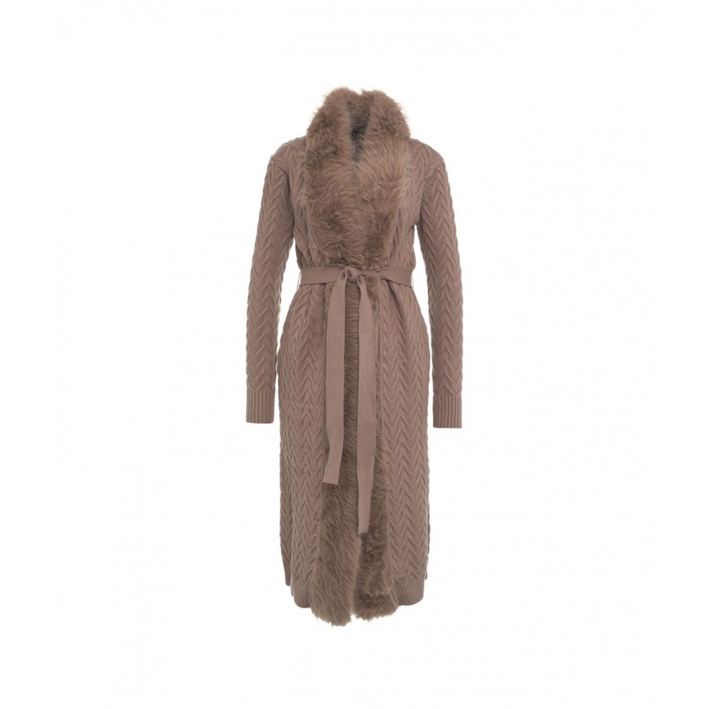 Cardigan lungo con pelliccia sintetica marrone