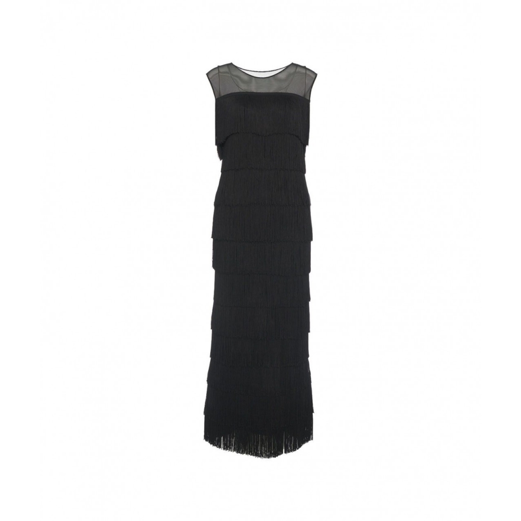 Maxi abito con frange nero