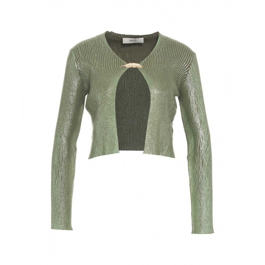 Cropped cardigan a maglia con spilla verde