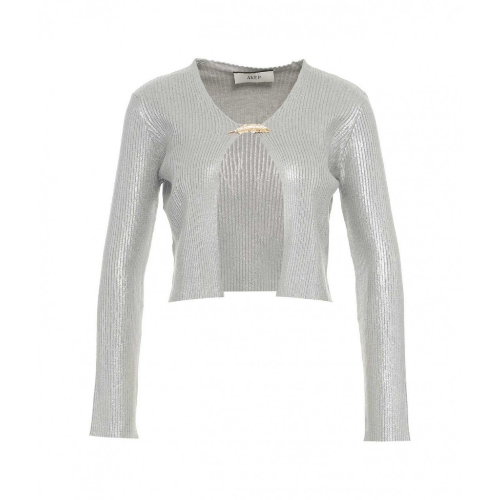 Cropped cardigan a maglia con spilla argento