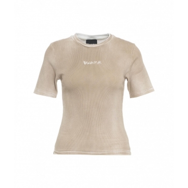Geripptes T-Shirt mit Logoschriftzug Beige