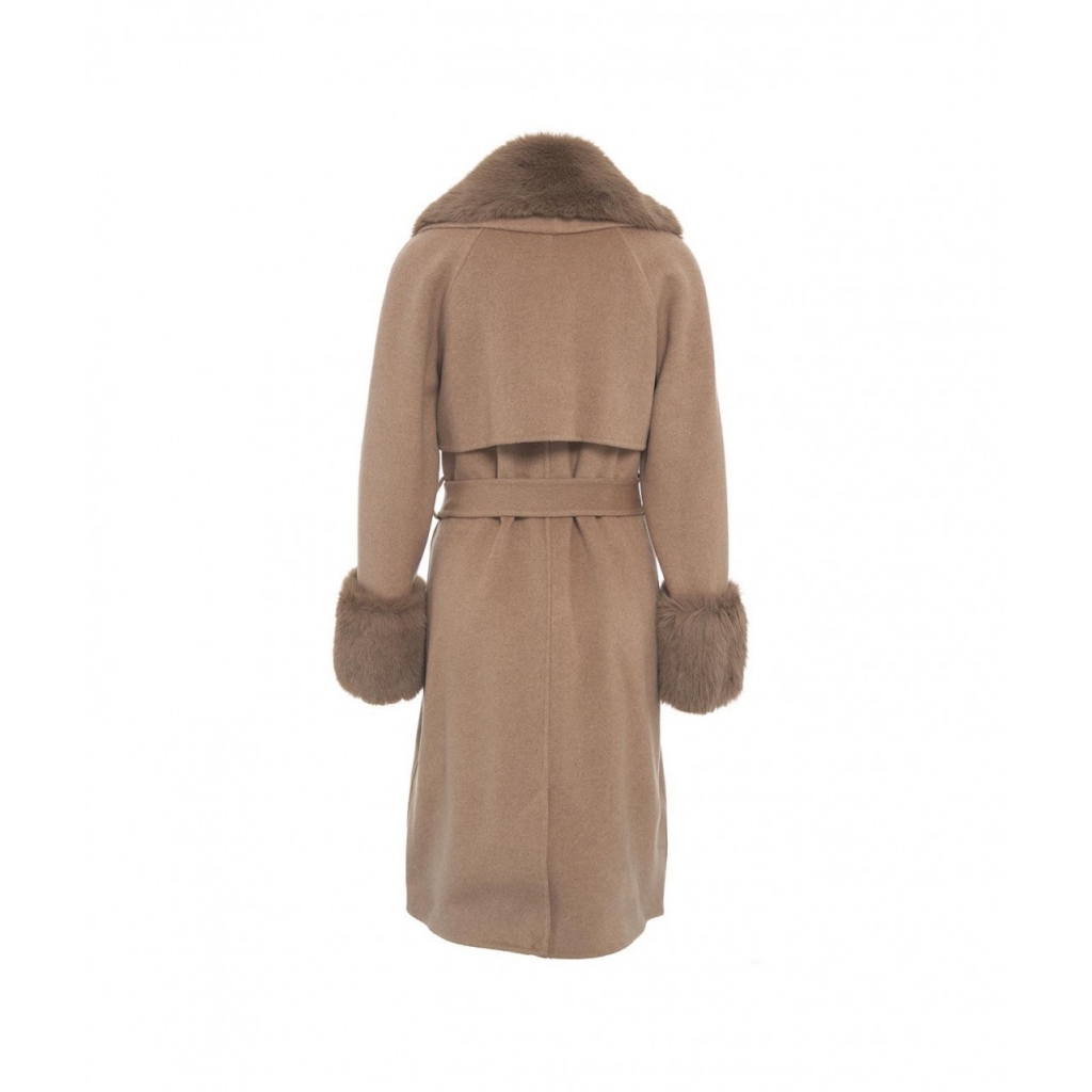 Cappotto in lana con pelliccia eco marrone