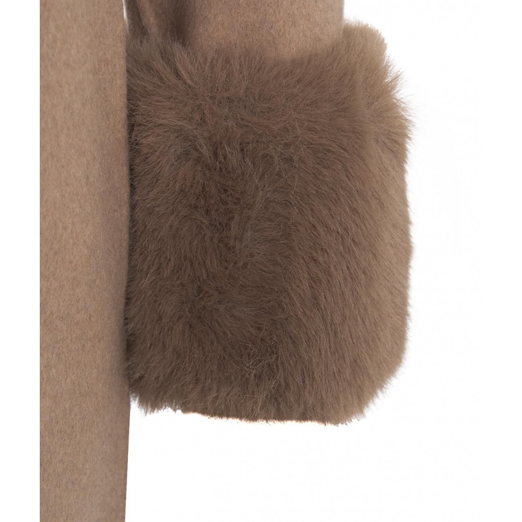 Cappotto in lana con pelliccia eco marrone