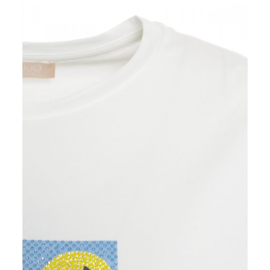 T-shirt con stampa e strass bianco