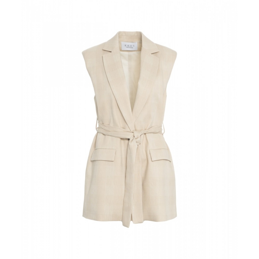 Gilet glencheck con cintura in vita beige